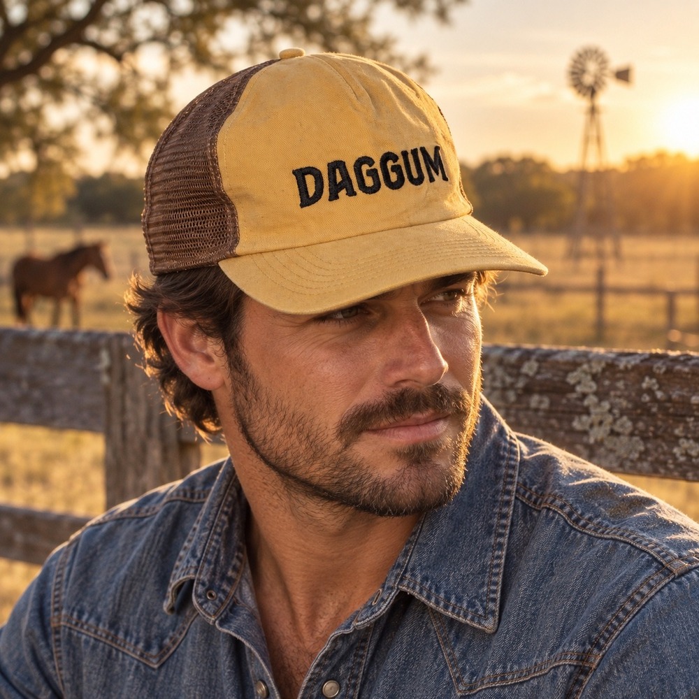 Sendero Provisions Daggum Trucker Hat Mustard Brown Western Snapback